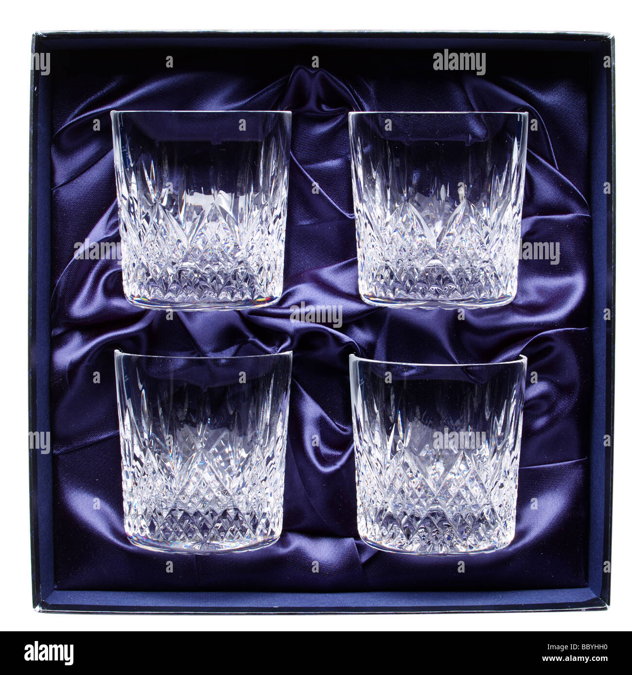 Four cut glass tumblers in satin lined box Stock Photo Alamy