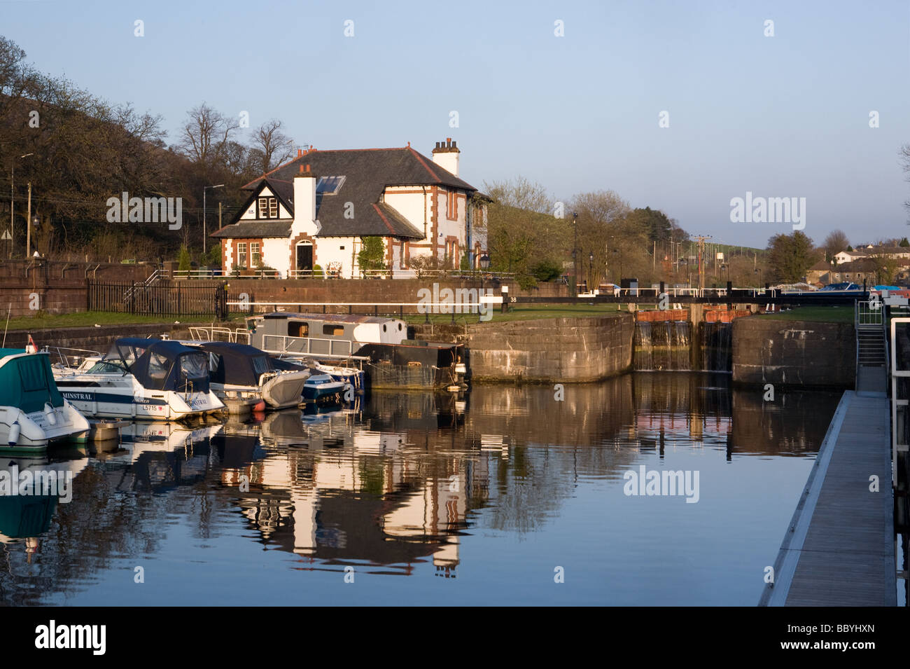 Forth and Clyde Canal at Bowling, Scotland. Stock Photo