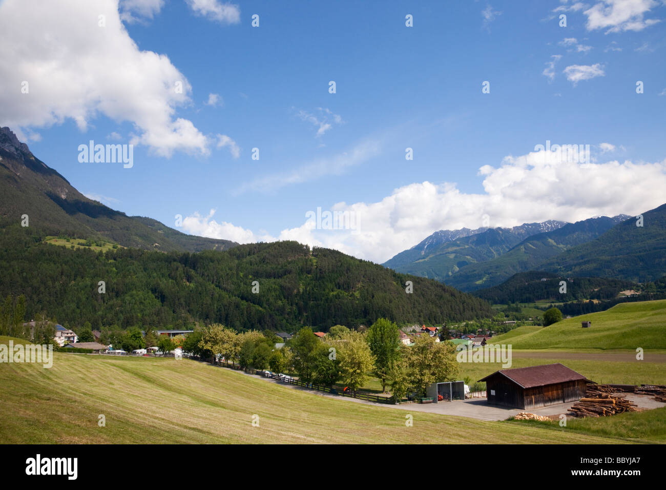 Imst Tyrol Austria Europe June Campsite in an Alpine valley in summer Stock Photo