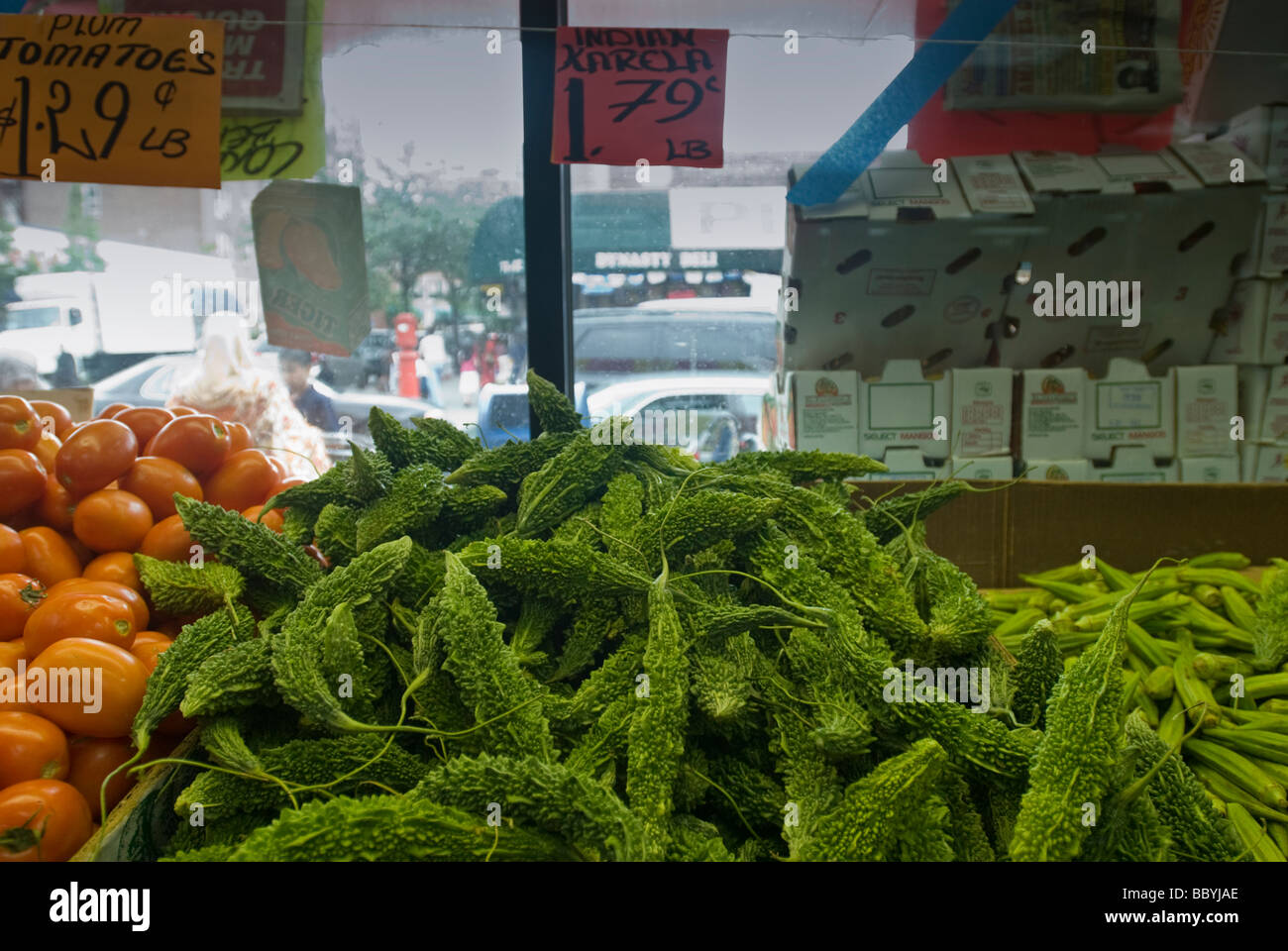 Indian karela is seen for sale in a grocery store in the Little India neighborhood in Jackson Heights Queens in New York Stock Photo