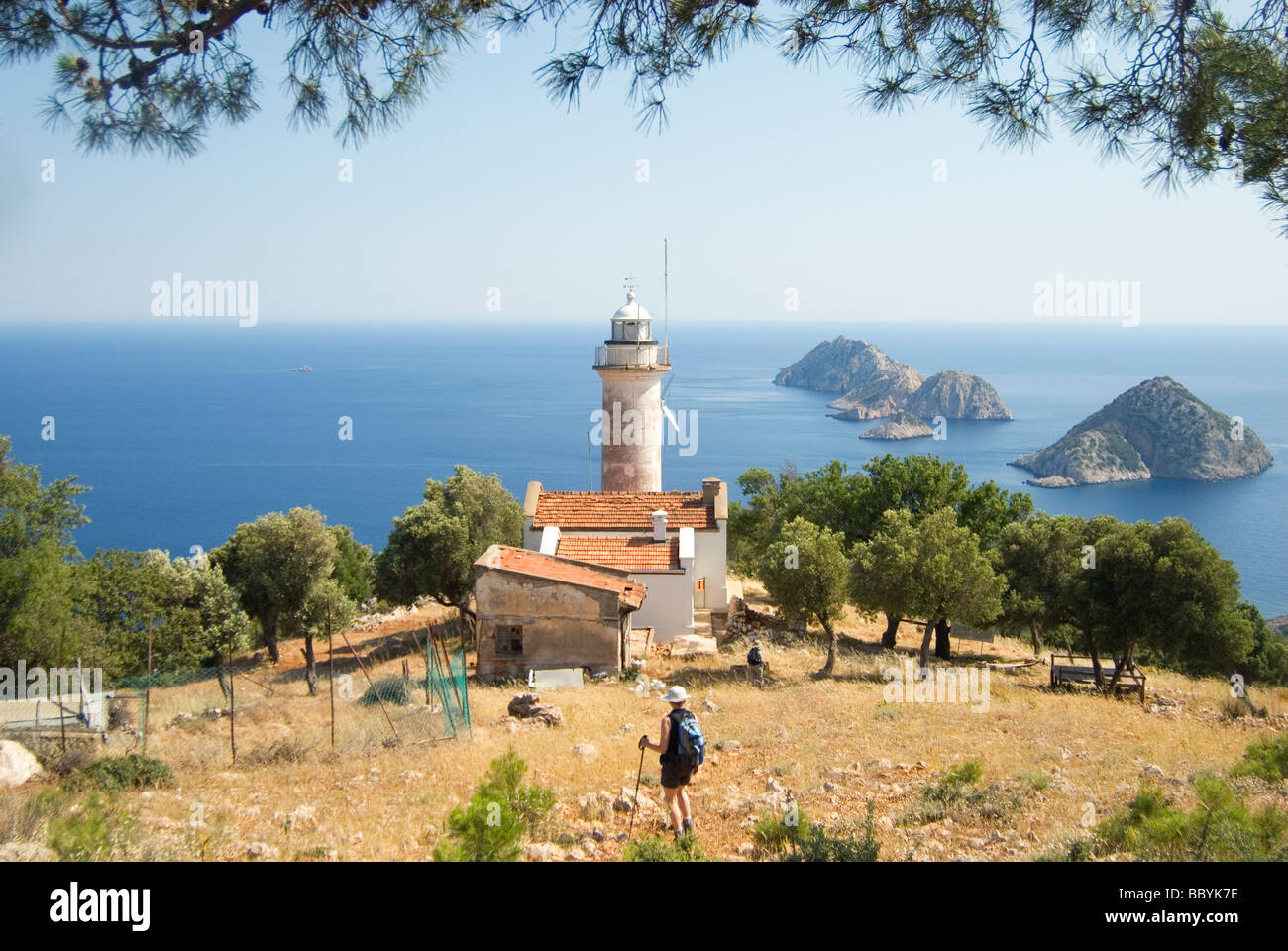 Lighthouse at Cape Gelidonia overlooking Bes Adalar (Five Islands), Lycian Way, Turkey Stock Photo
