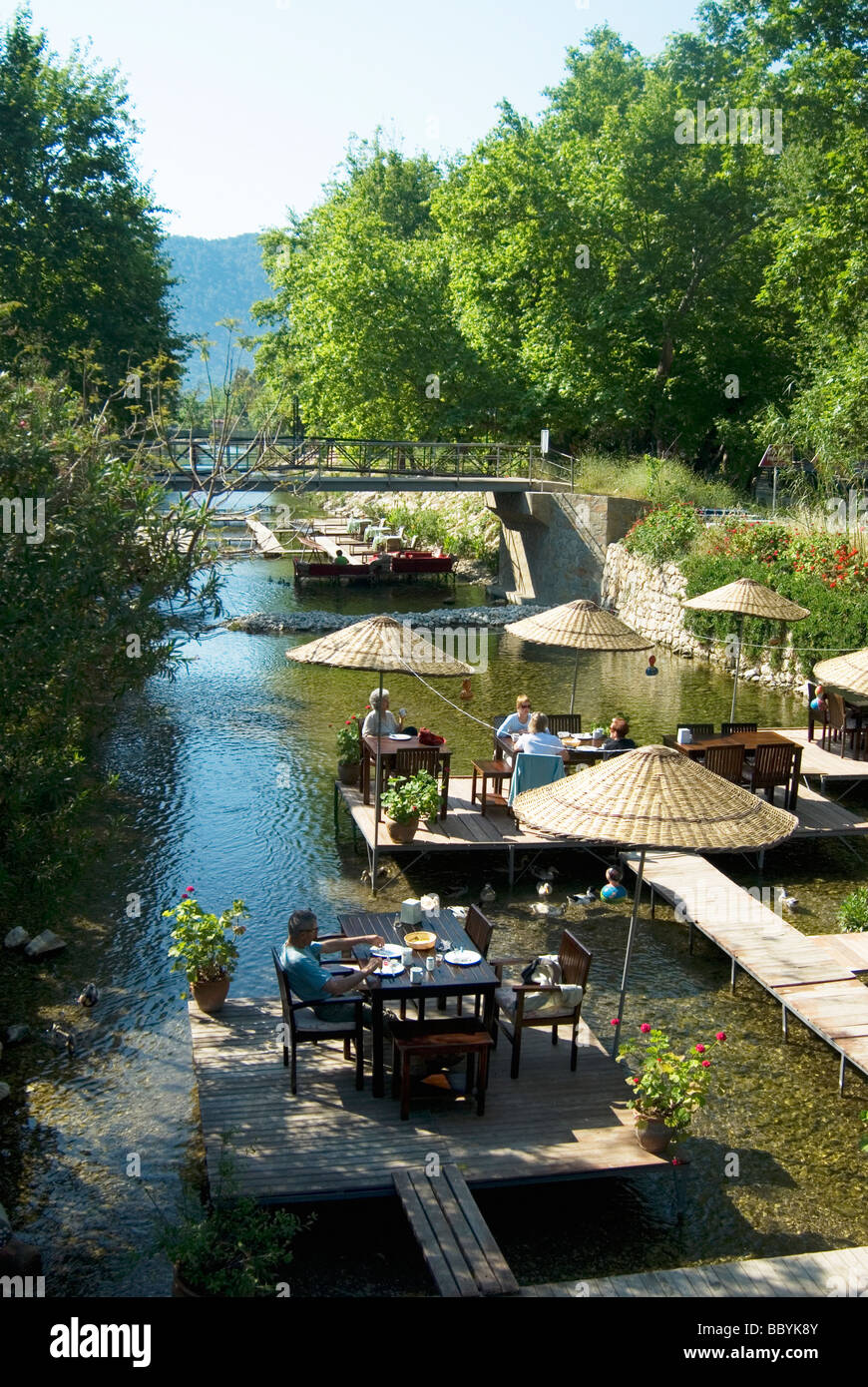 Breakfast at restaurant on the river at Adrasan, Lycian coast, Turkey Stock Photo