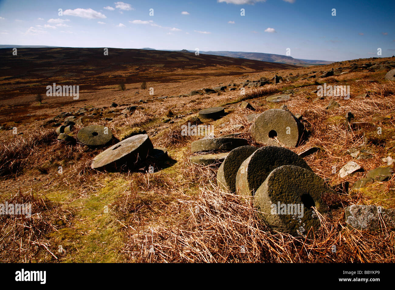 Old Millstones at Stanage edge Derbyshire,peak district national park,England,UK. Stock Photo