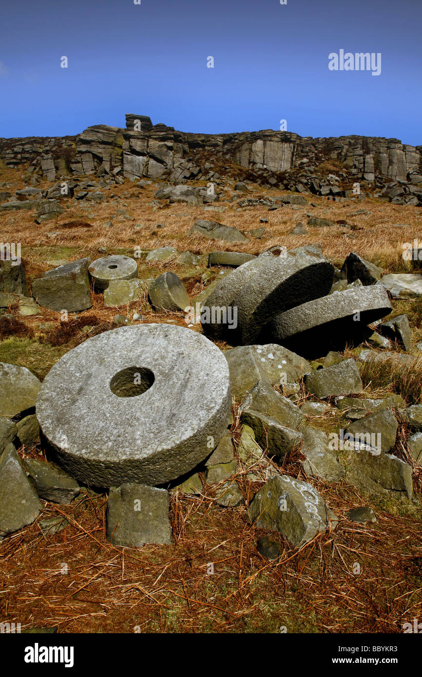 Old Millstones at Stanage edge Derbyshire,peak district national park,England,UK. Stock Photo