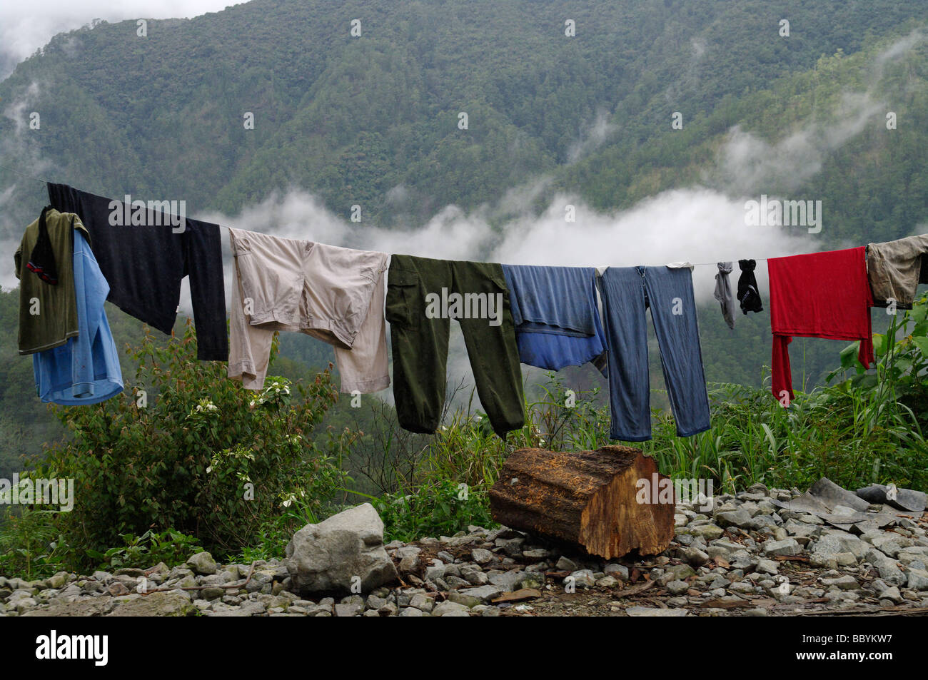 Washing hanging on a line near Bontoc, Mountain Province, North Luzon, Philippines Stock Photo