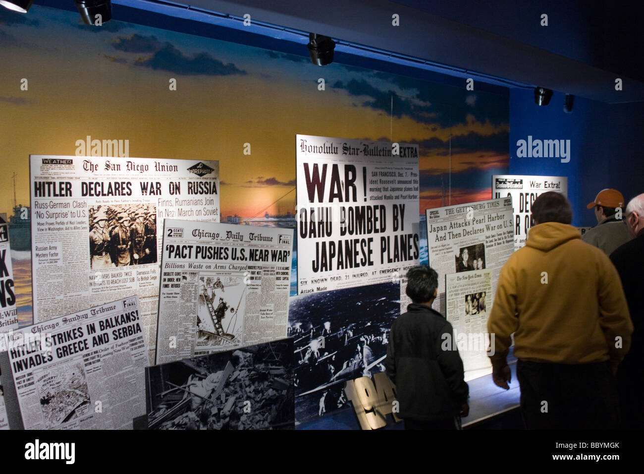 Exhibit of newspapers with headlines from indicating the start of the Second World War Stock Photo