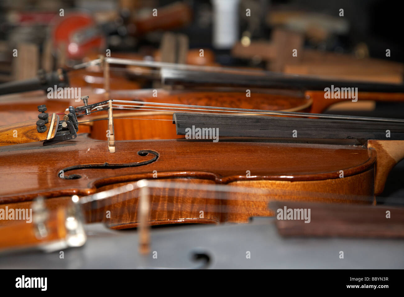 homemade handmade violins made of different materials and shapes on display Stock Photo