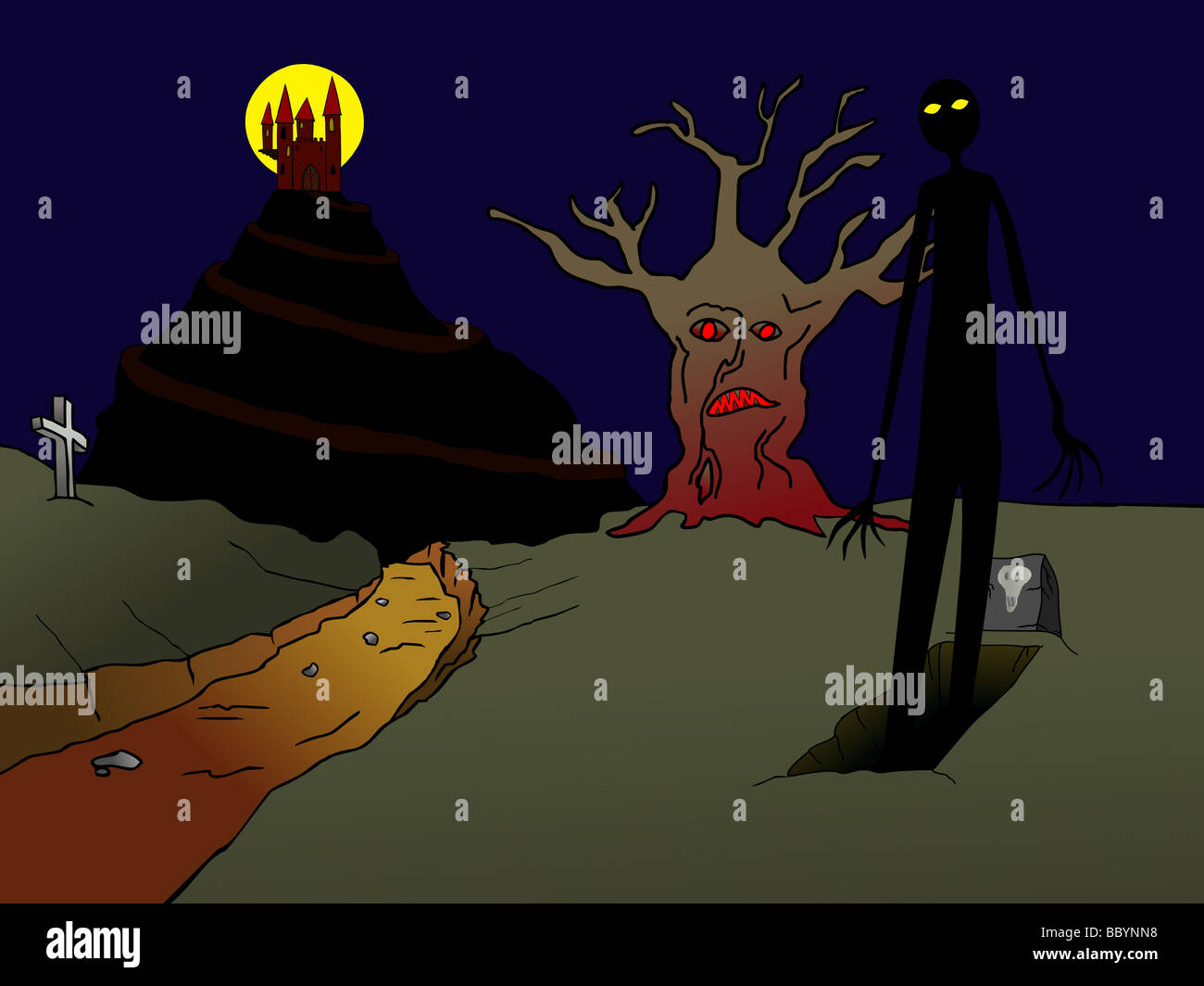 old haunted castle on the hill and incubus rising from the grove Stock ...