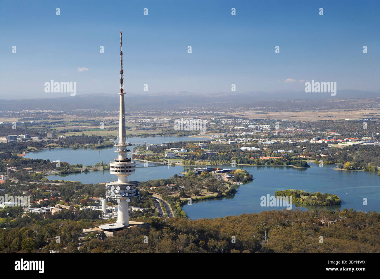 Telstra Tower Black Mountain and Lake Burley Griffin Canberra ACT Australia aerial Stock Photo
