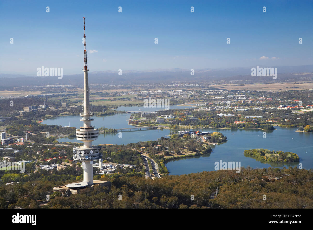 Telstra Tower Black Mountain and Lake Burley Griffin Canberra ACT Australia aerial Stock Photo