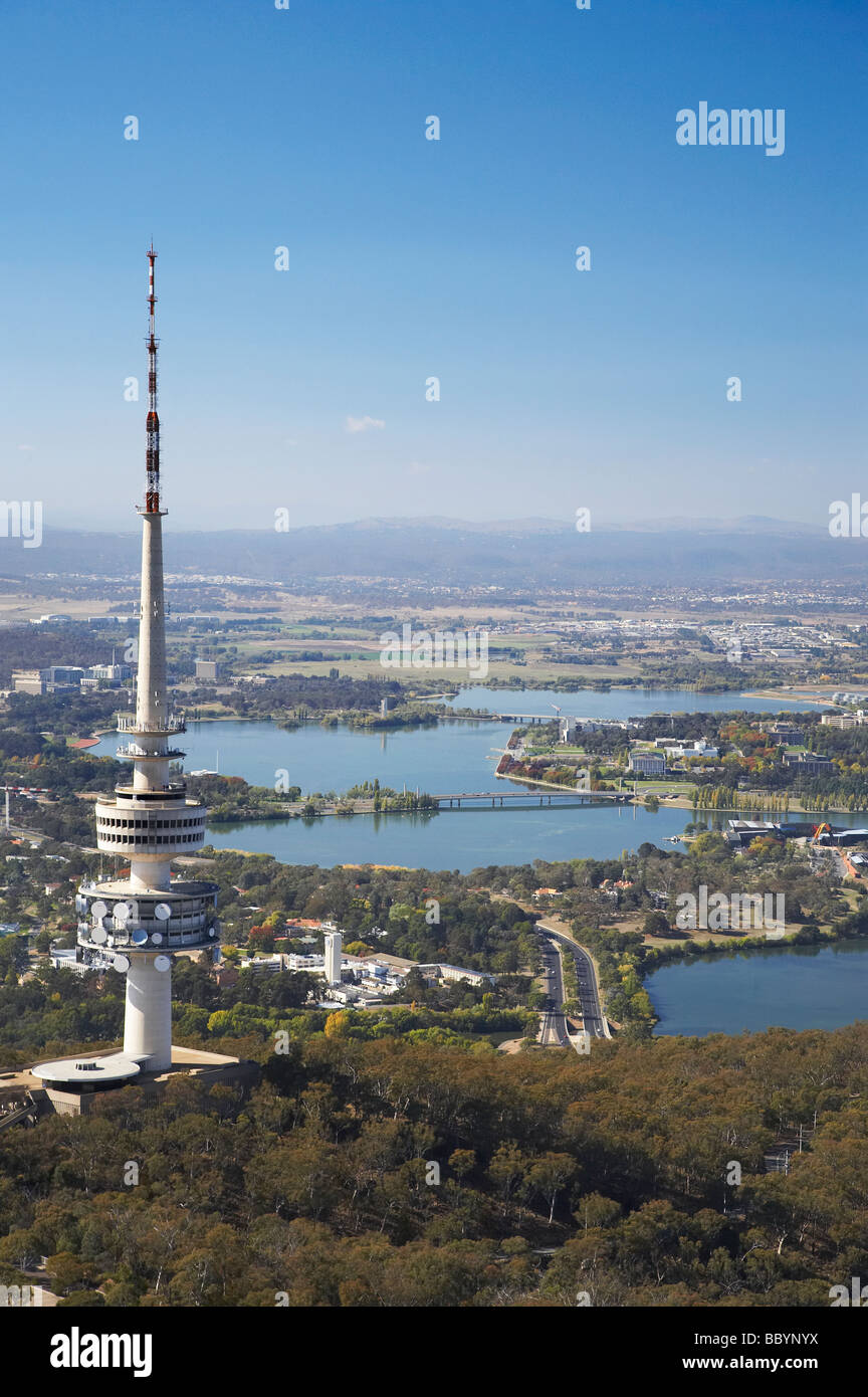 Telstra Tower Black Mountain and Lake Burley Griffin Canberra ACT Australia aerial Stock Photo