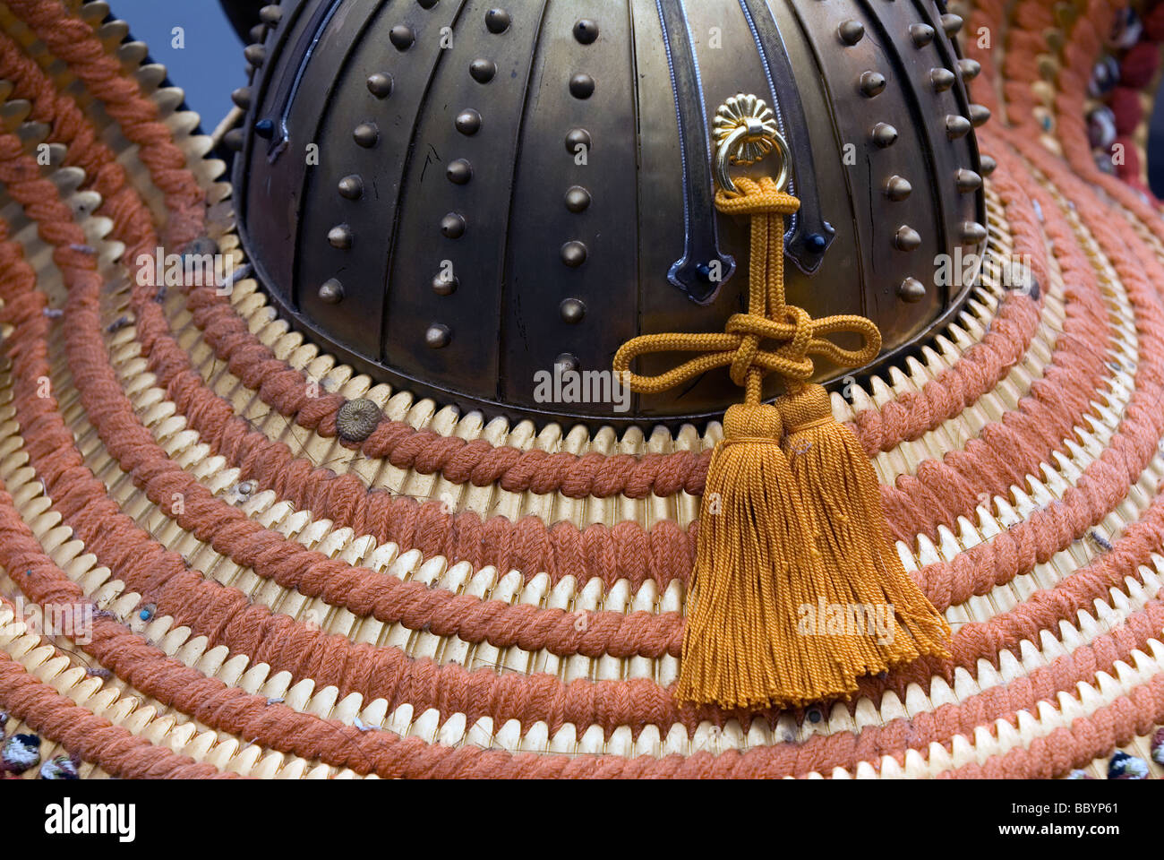 Part of samurai warrior armour is the kabuto or helmet as seen here with a tassel Stock Photo