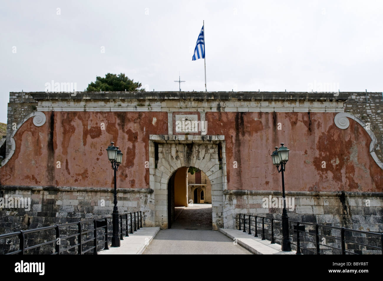 The imposing gateway across a bridge to the Old Fortress, Corfu Town Stock Photo