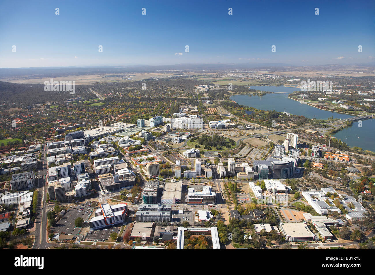 Canberra CBD and Lake Burley Griffin Canberra ACT Australia aerial
