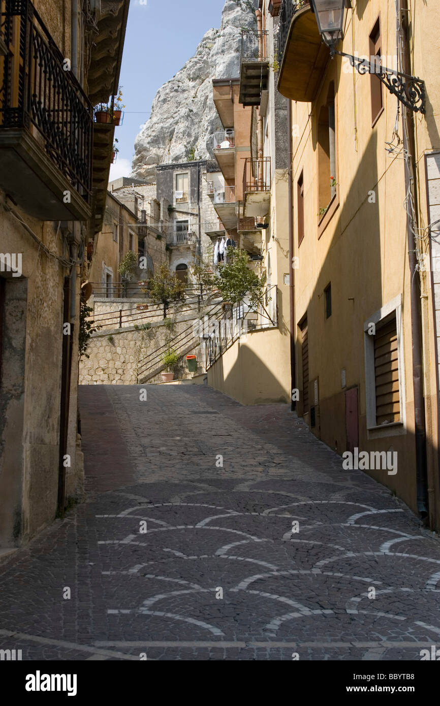 Narrow street mountain town Caltabellotta, Province of Agrigento, Sicily, Italy Stock Photo