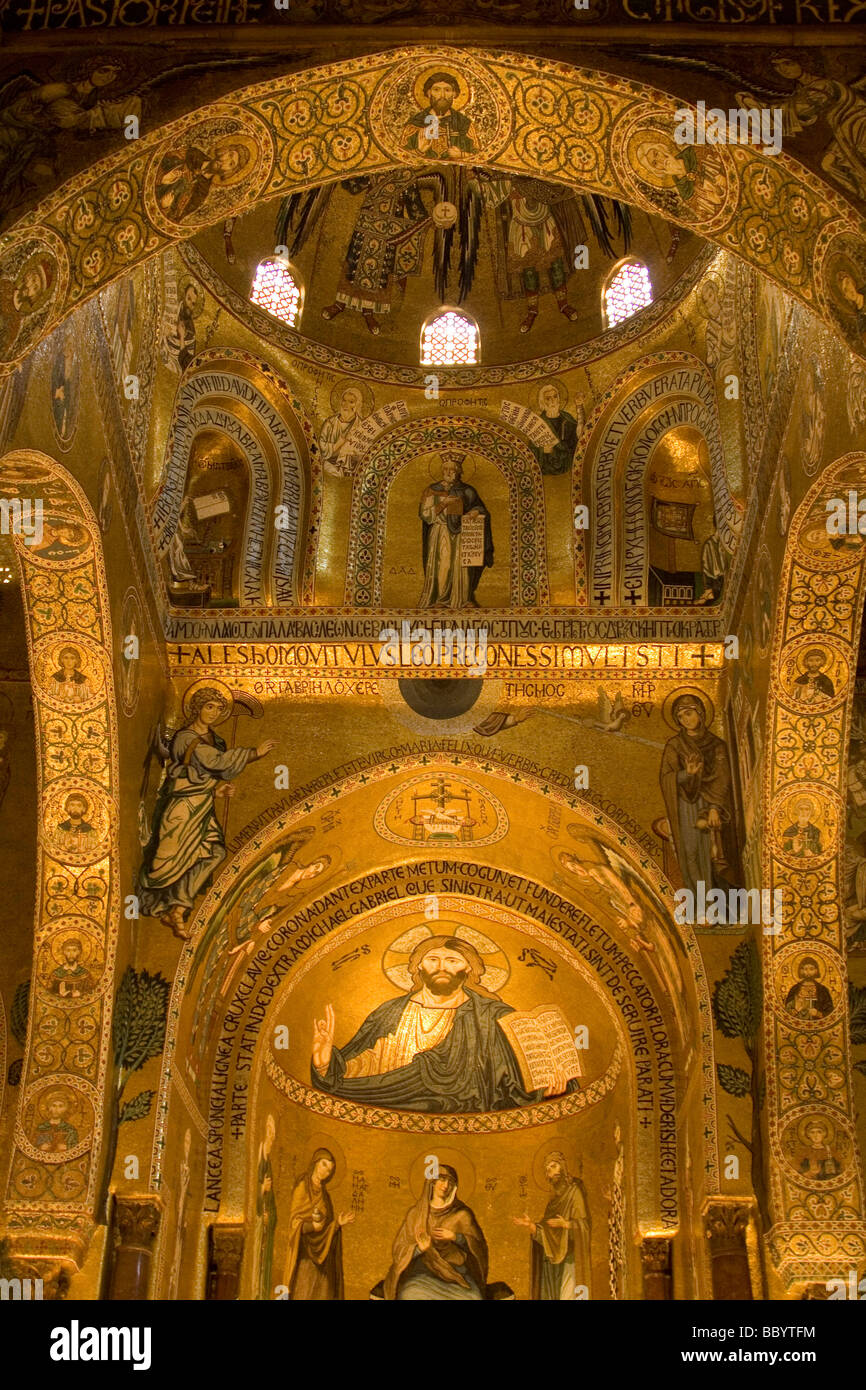 Gold mosaics in dome of Palantine Chapel, Norman Palace, Palermo, Sicily, Italy, Europe Stock Photo