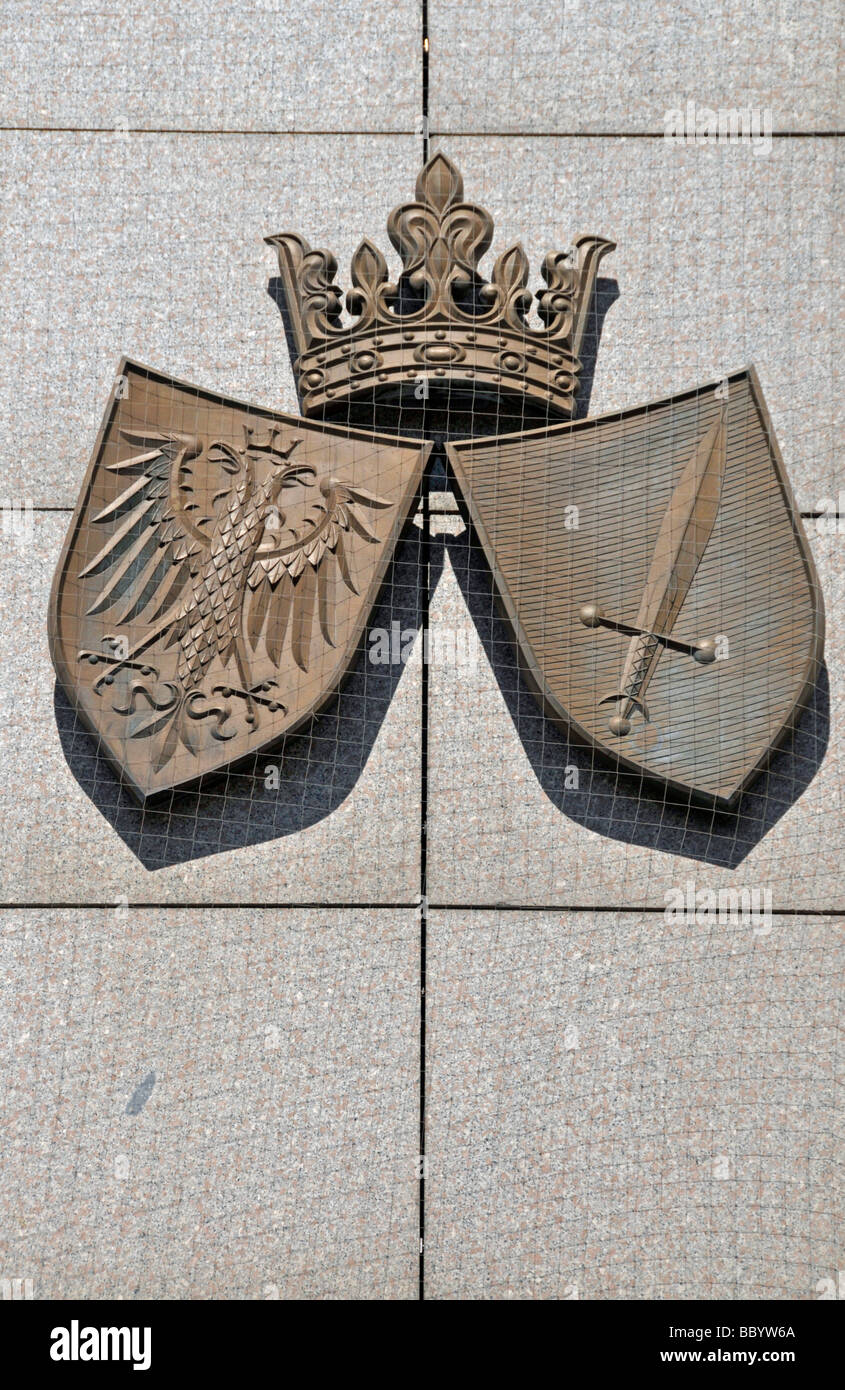 Emblem of the city of Essen, combined coat of arms with two joined crests, entrance area of the City Hall, Essen, North Rhine-W Stock Photo