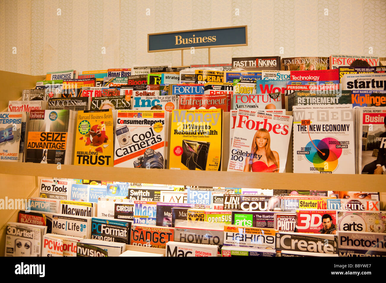 business magazines and periodicals on display at Barnes and Noble, USA Stock Photo