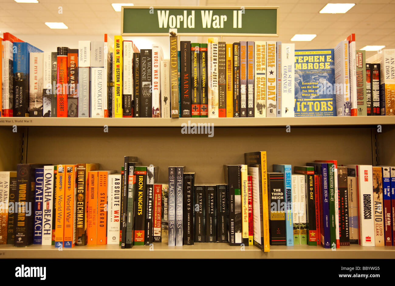 World War II book shelves, Barnes and Noble, USA Stock Photo