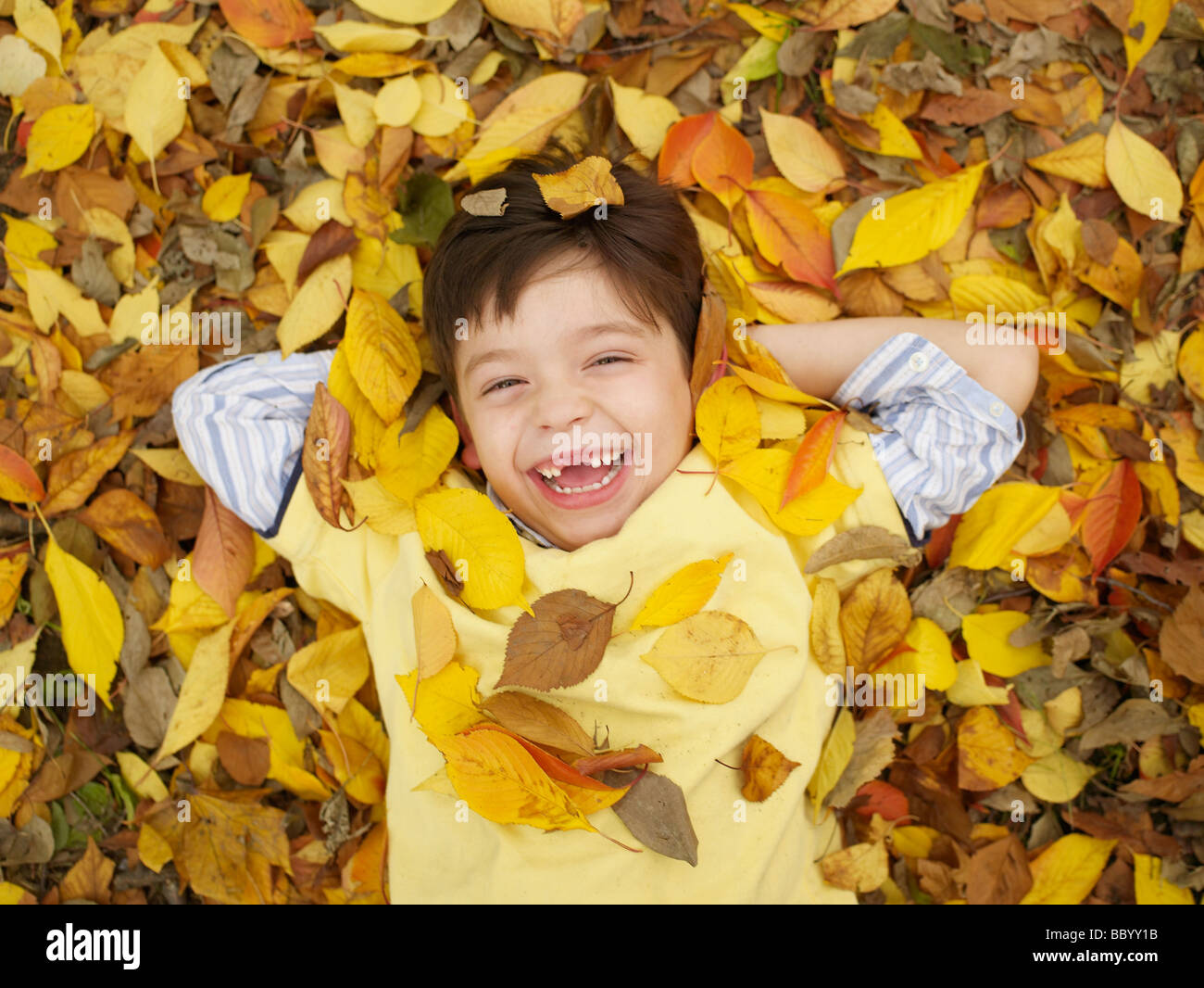 Toothless Hispanic boy laying in autumn leaves Stock Photo - Alamy