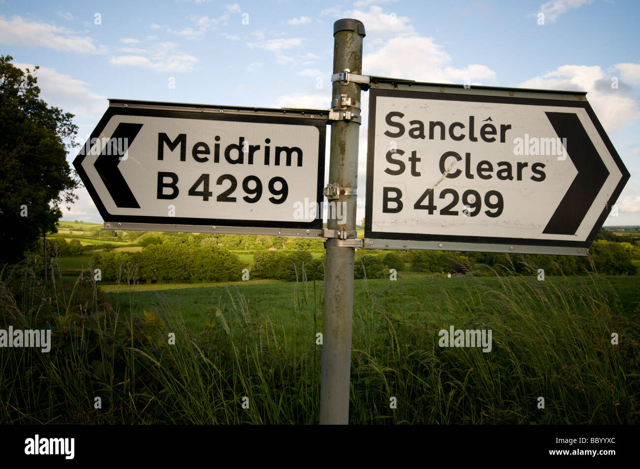 Signpost on the B4299 Between Meidrim and St.Clears Stock Photo