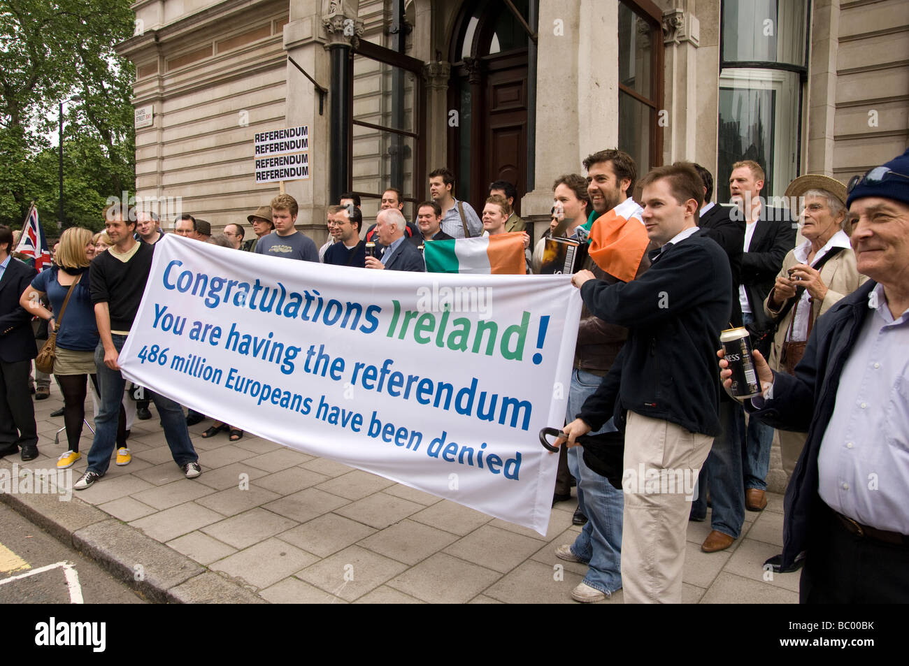 Demonstrators outside the Irish Embassy in London in 2008 congratulating Ireland for having a referendum on the Lisbon Treaty. Stock Photo