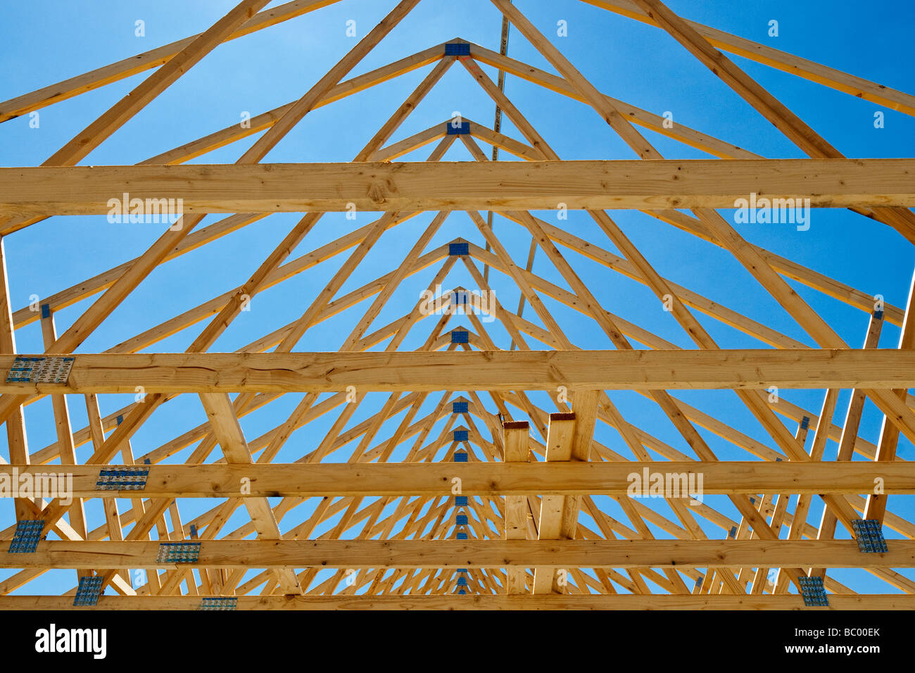 Prefabricated roof trusses on domestic housing construction building ...