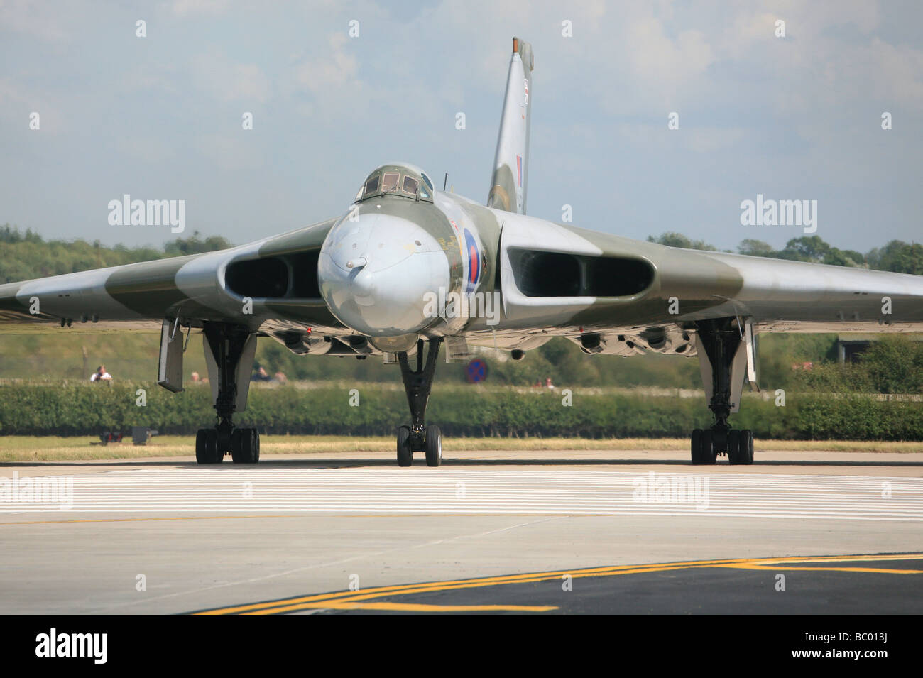 Head on view as Vulcan XH558 taxies onto the runway at RAF Waddington prior to taking off. Stock Photo