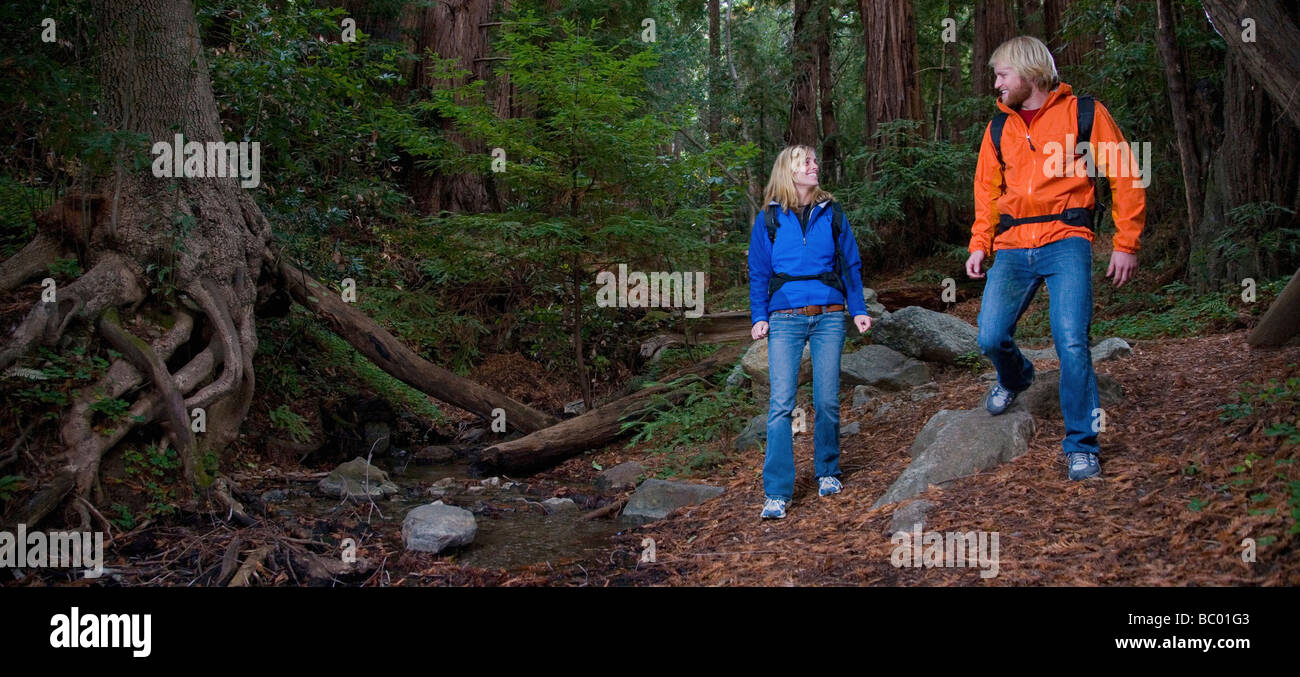 Couple hiking in the woods. Stock Photo