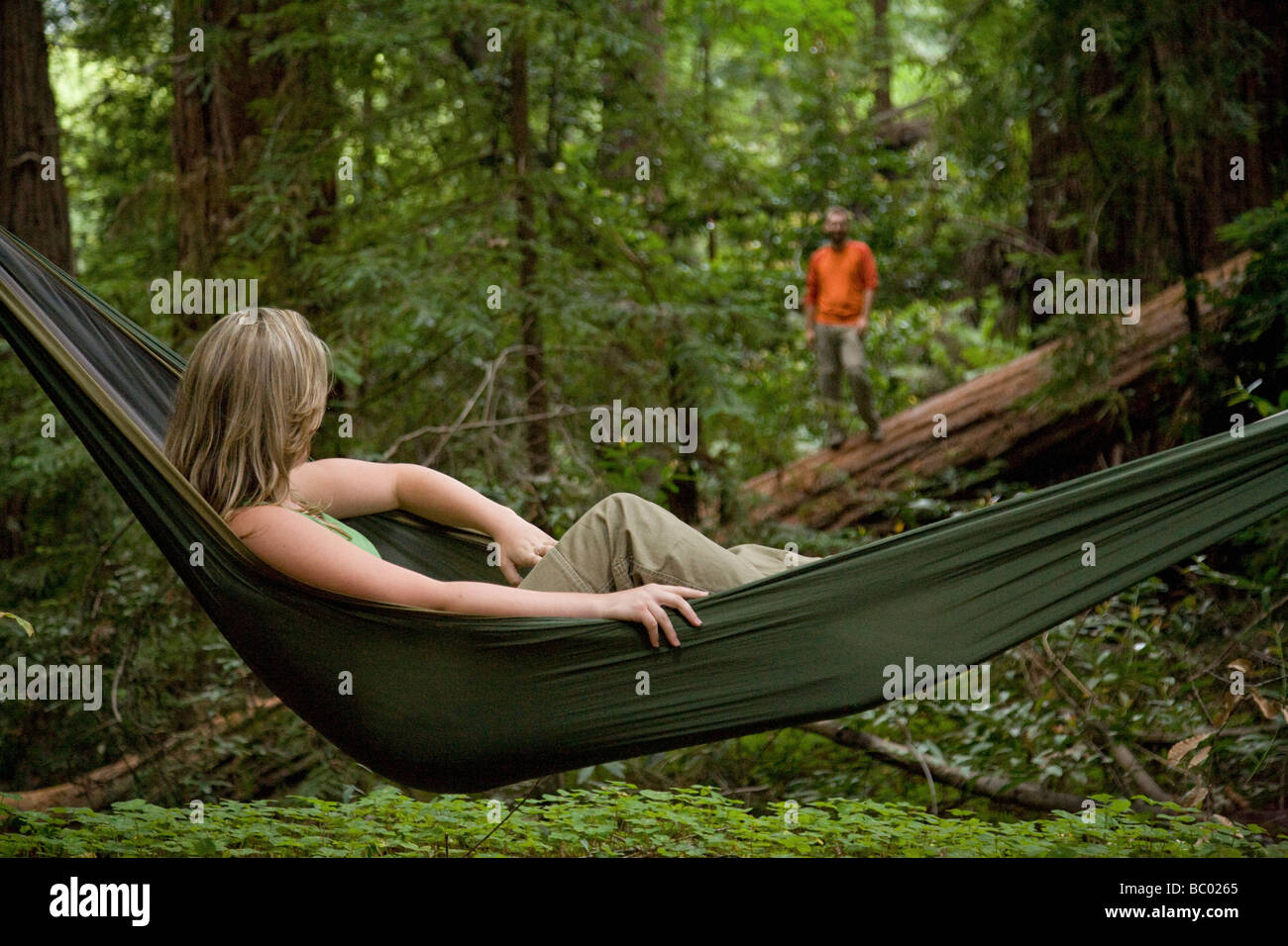A woman relaxing in a hammock with a man walking on a log in the distance in the woods. Stock Photo