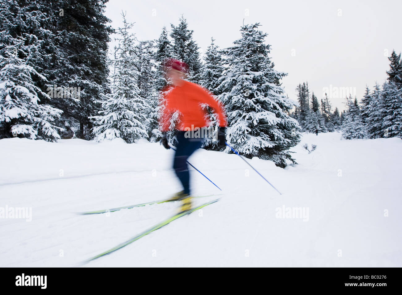 A young woman cross-country skiing. (blurred motion) Stock Photo