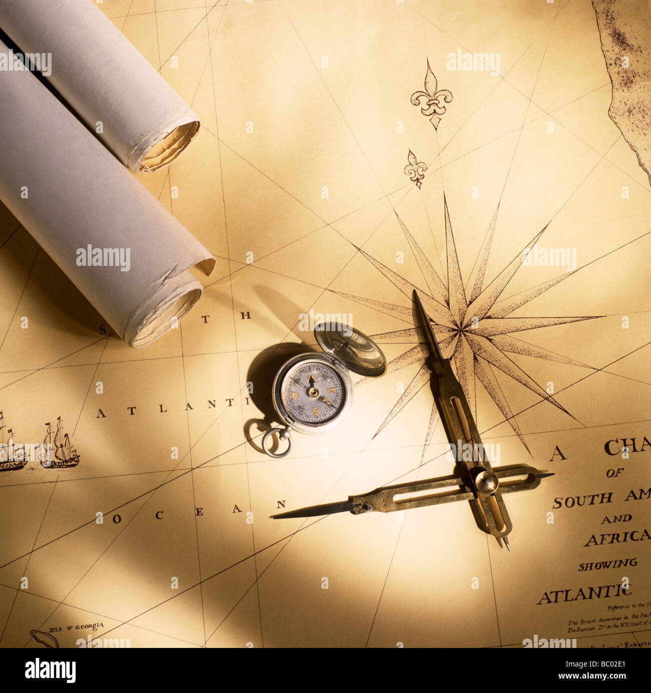 Antique map with compass and dividers Stock Photo