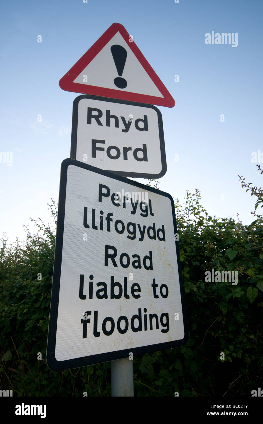 Ford ahead road sign in english and welsh language Stock Photo