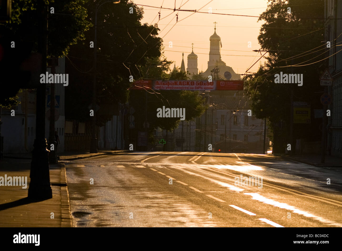 Prechistenka street early in the morning with Moscow Kremlin cathedrals in the background Stock Photo
