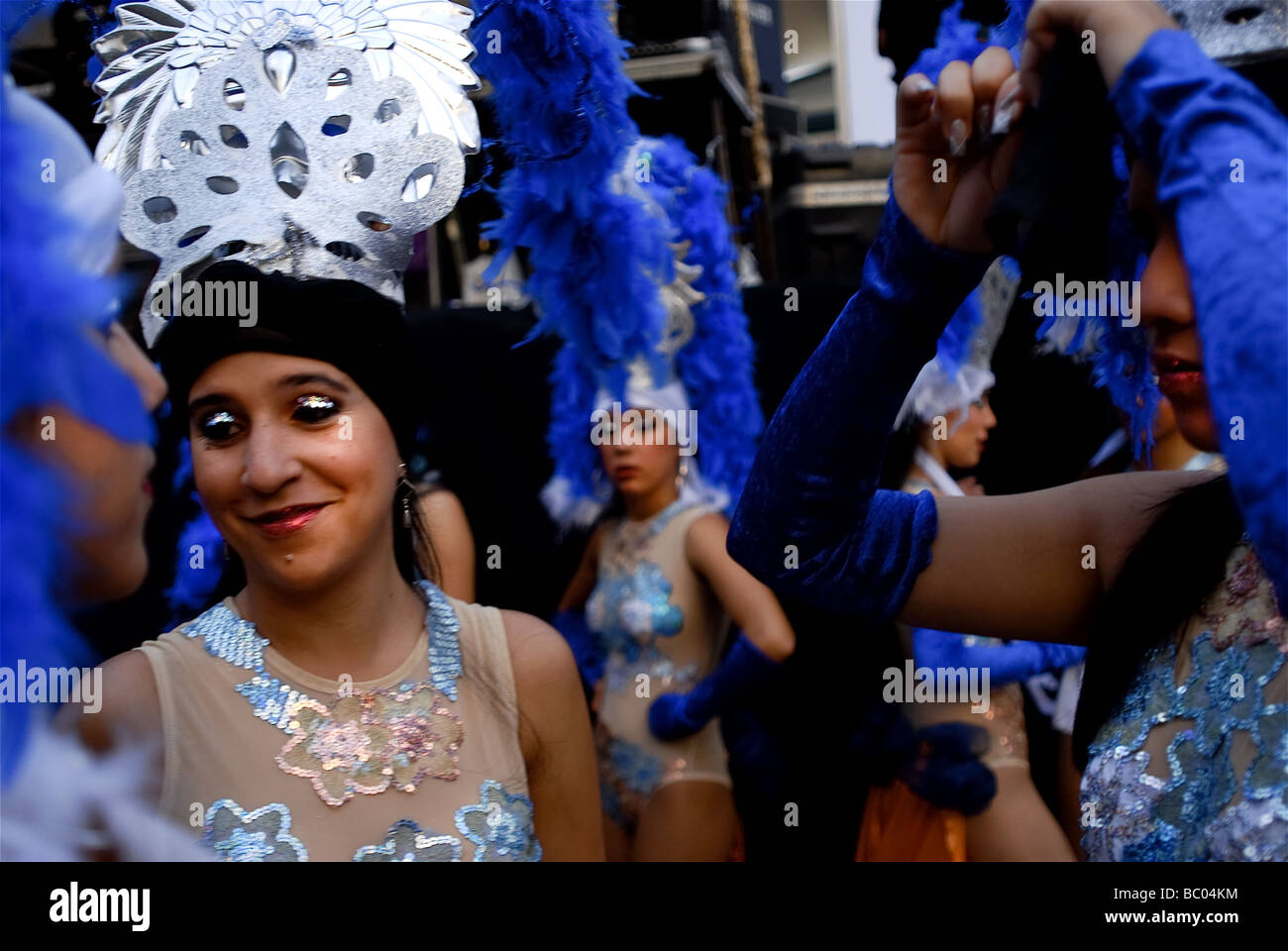 Costumed carnival dancers wait backstage in Merida, Venezuela. Stock Photo