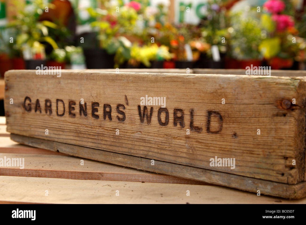wooden seed tray with the words gardeners world stamped on Stock Photo