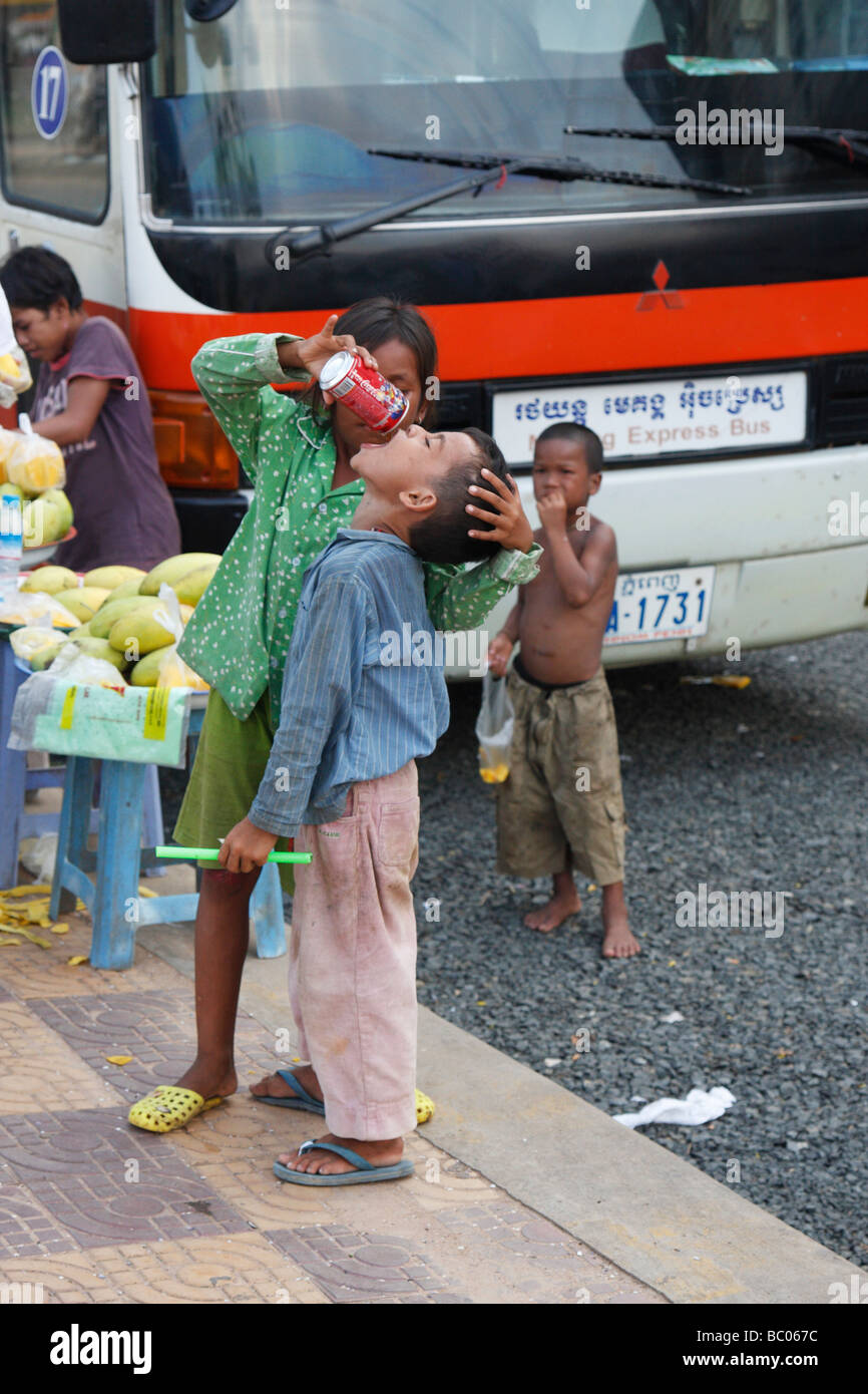 Cambodian children at roadside market, Cambodia Stock Photo