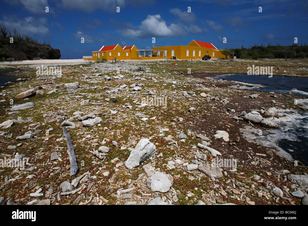 Yellow and red buildings at Washington Slagbaai National Park in Bonaire Netherlands Antilles Stock Photo