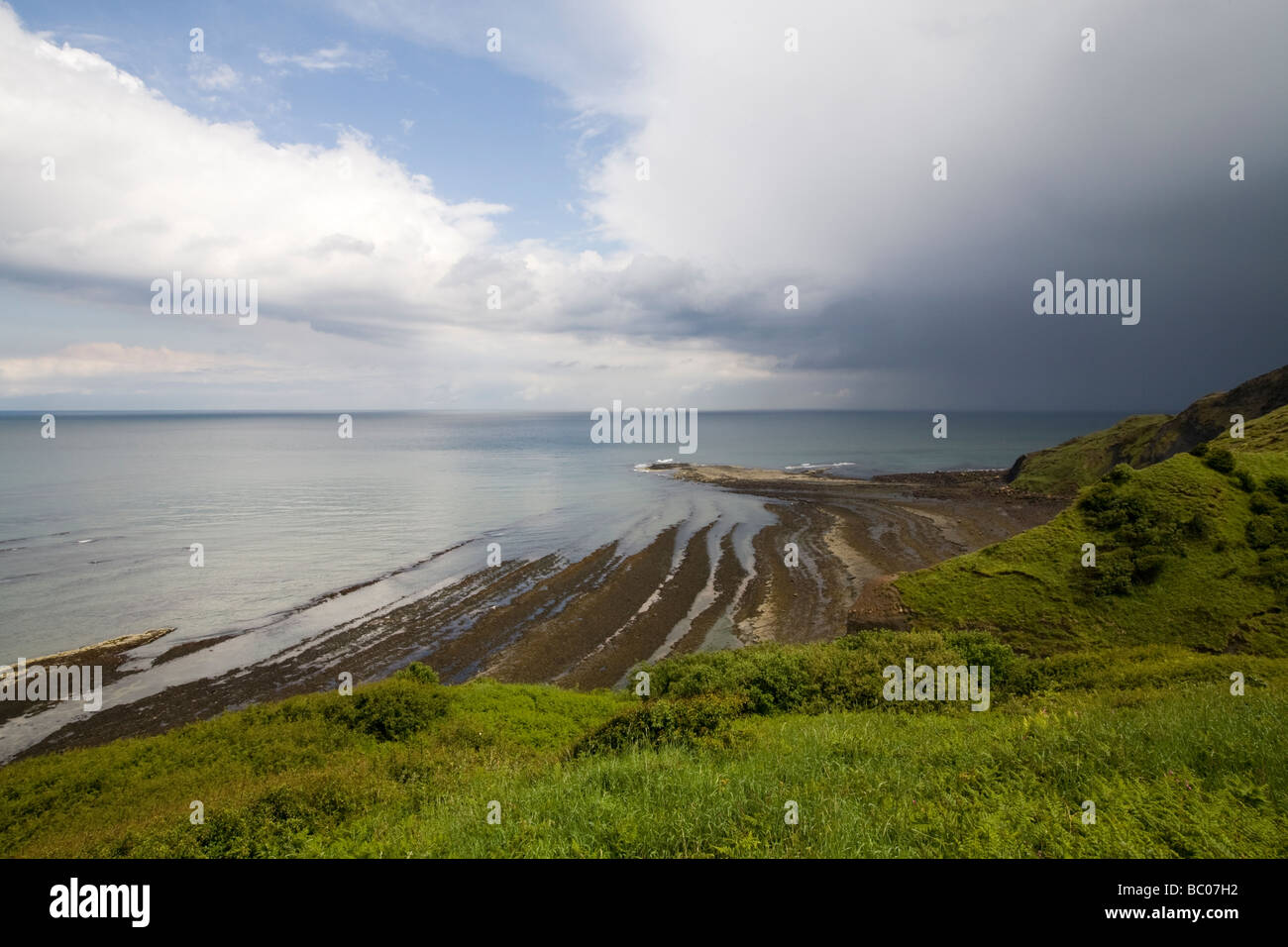 Cliff top view with stormy sky from Peak Alum Works Ravenscar North Yorkshire England Stock Photo