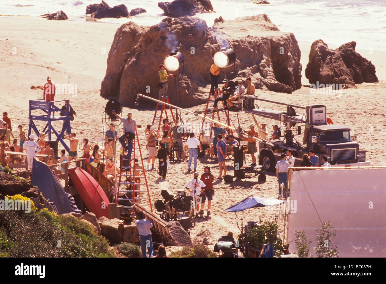 film crew at beach location Malibu California Stock Photo
