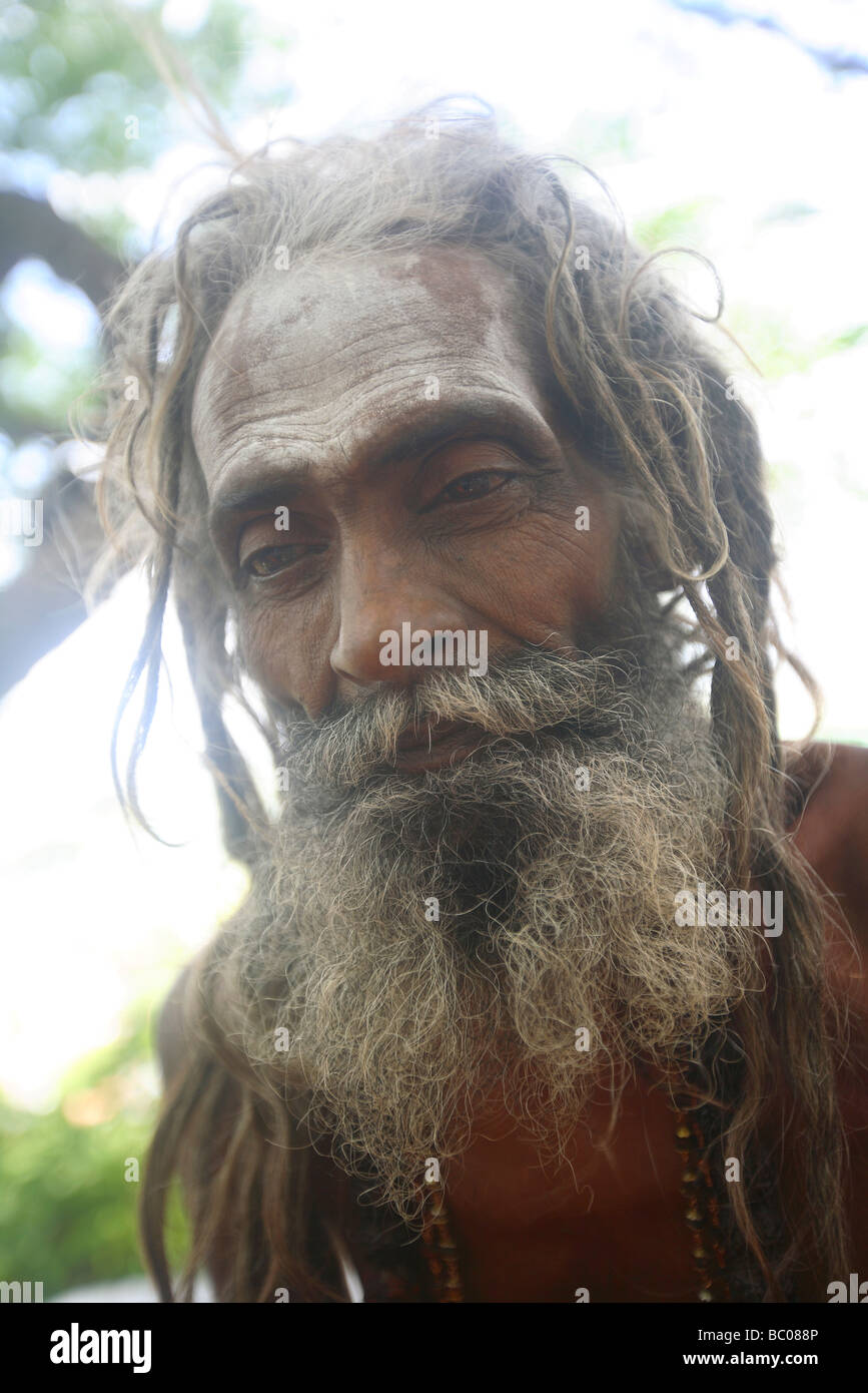 India, Tamil Nadu, Palani, portrait of holy man at hindu Pilgrim temple Centre Stock Photo