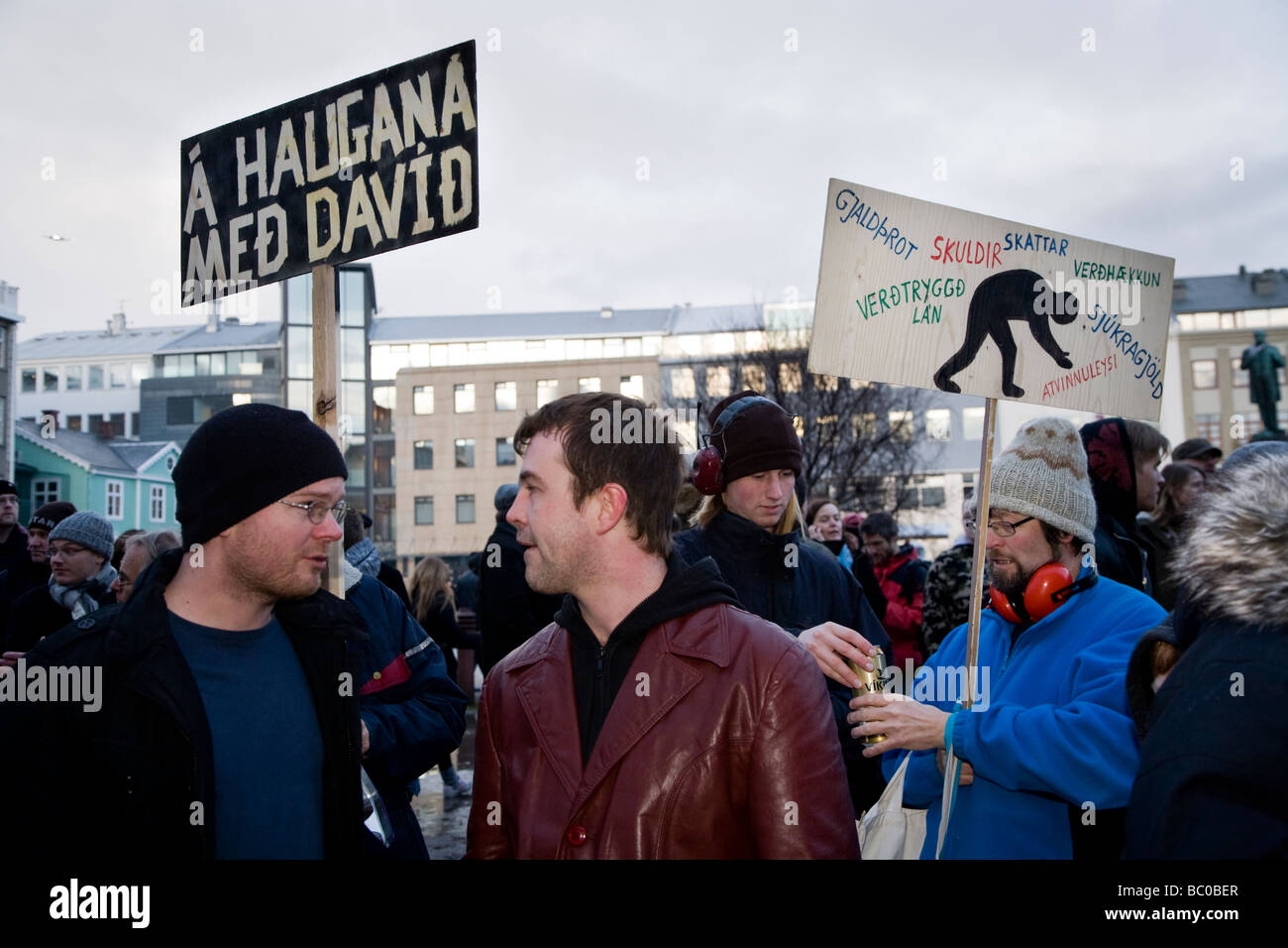Demonstrators at Austurvöllur Stock Photo