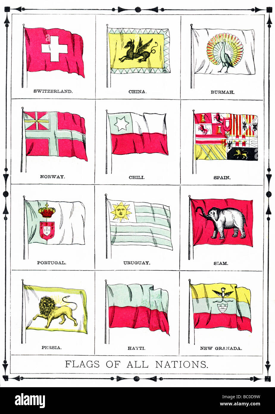 The flags shown in this illustration were current in 1896. They include Swtizerland, China, Burma, Norway, Chile, and Spain. Stock Photo