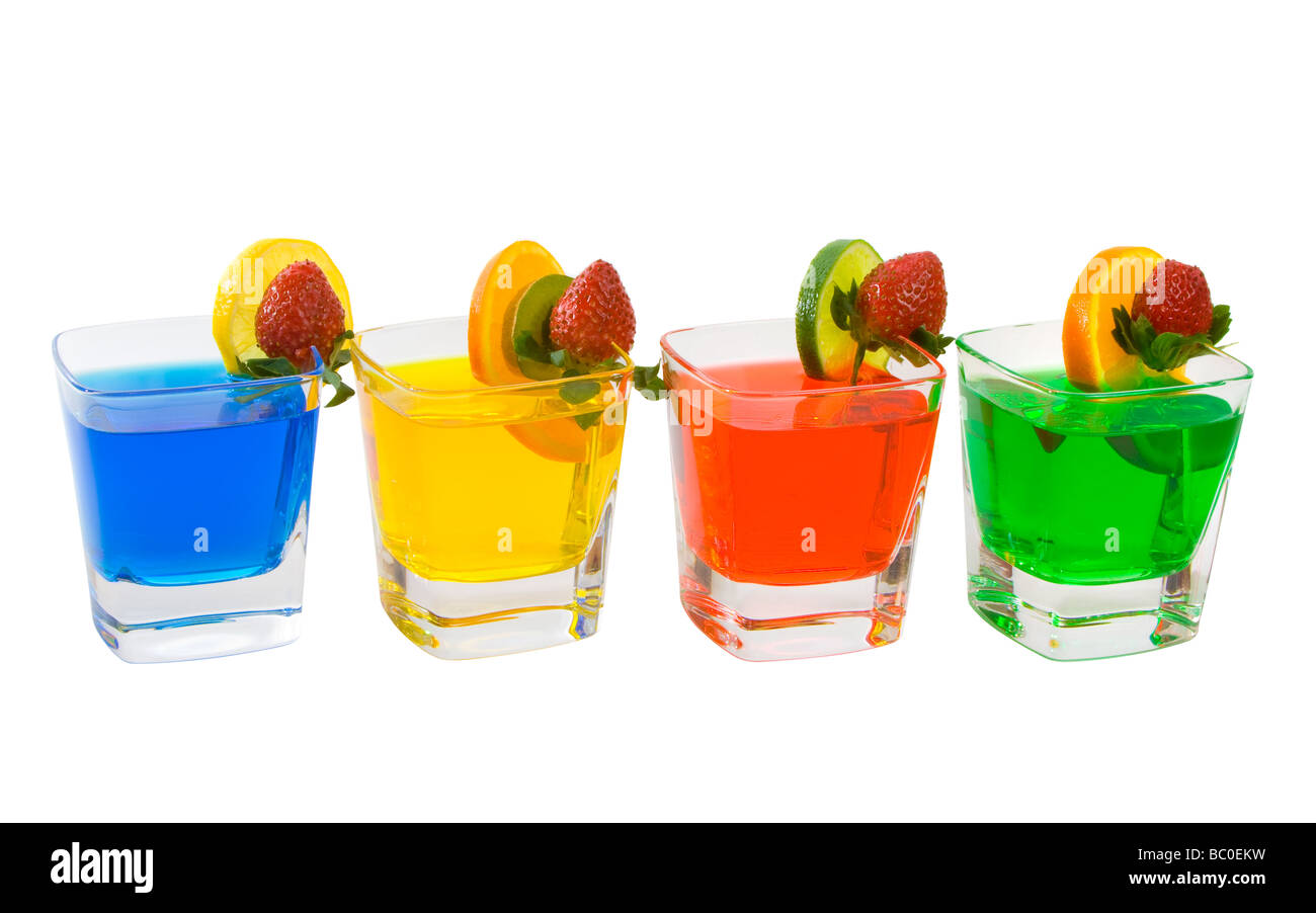 Four colorful mixed drinks isolated over white background Stock Photo