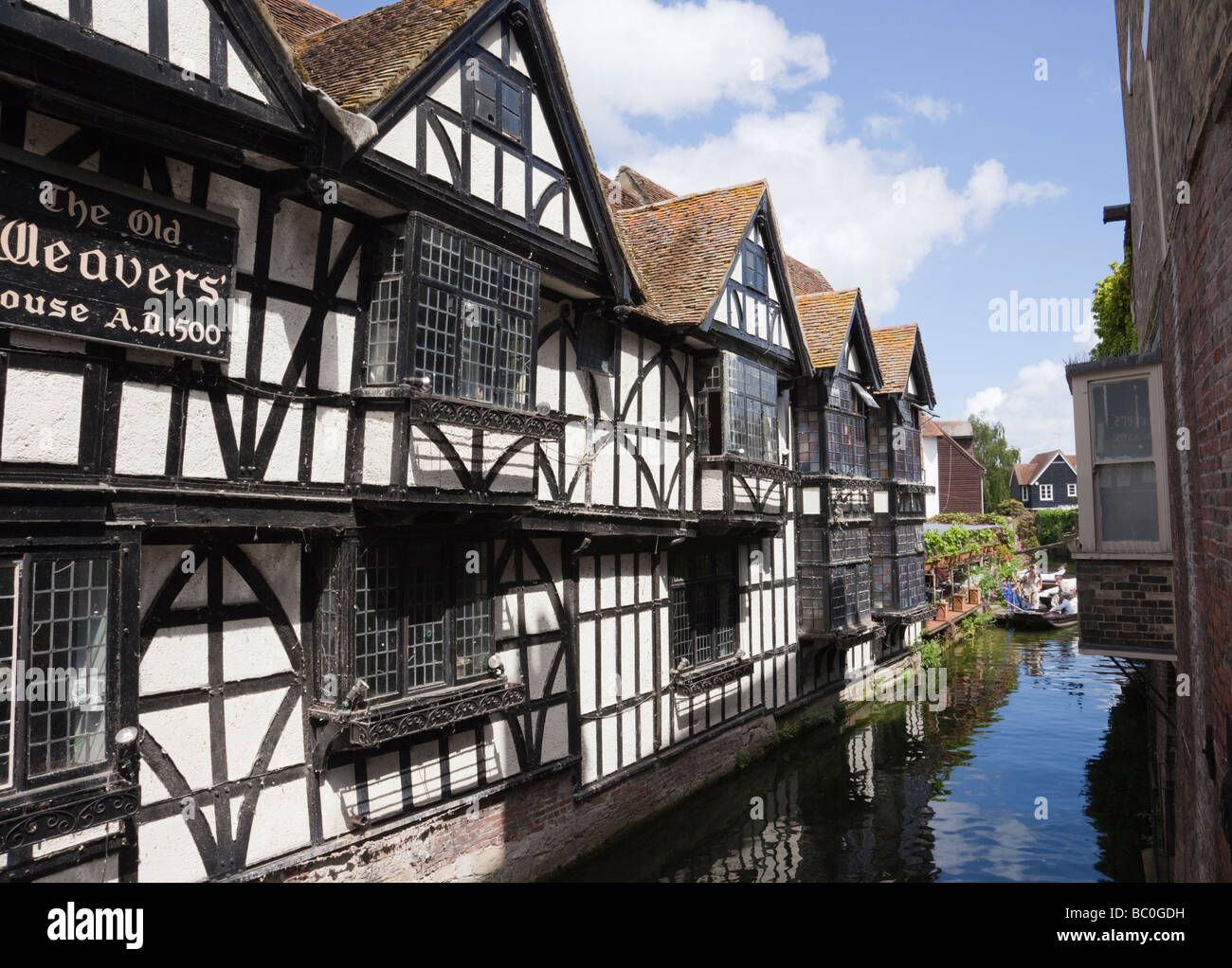 Canterbury Kent England UK 16th century Old Weavers House timber framed building beside River Stour in city centre Stock Photo