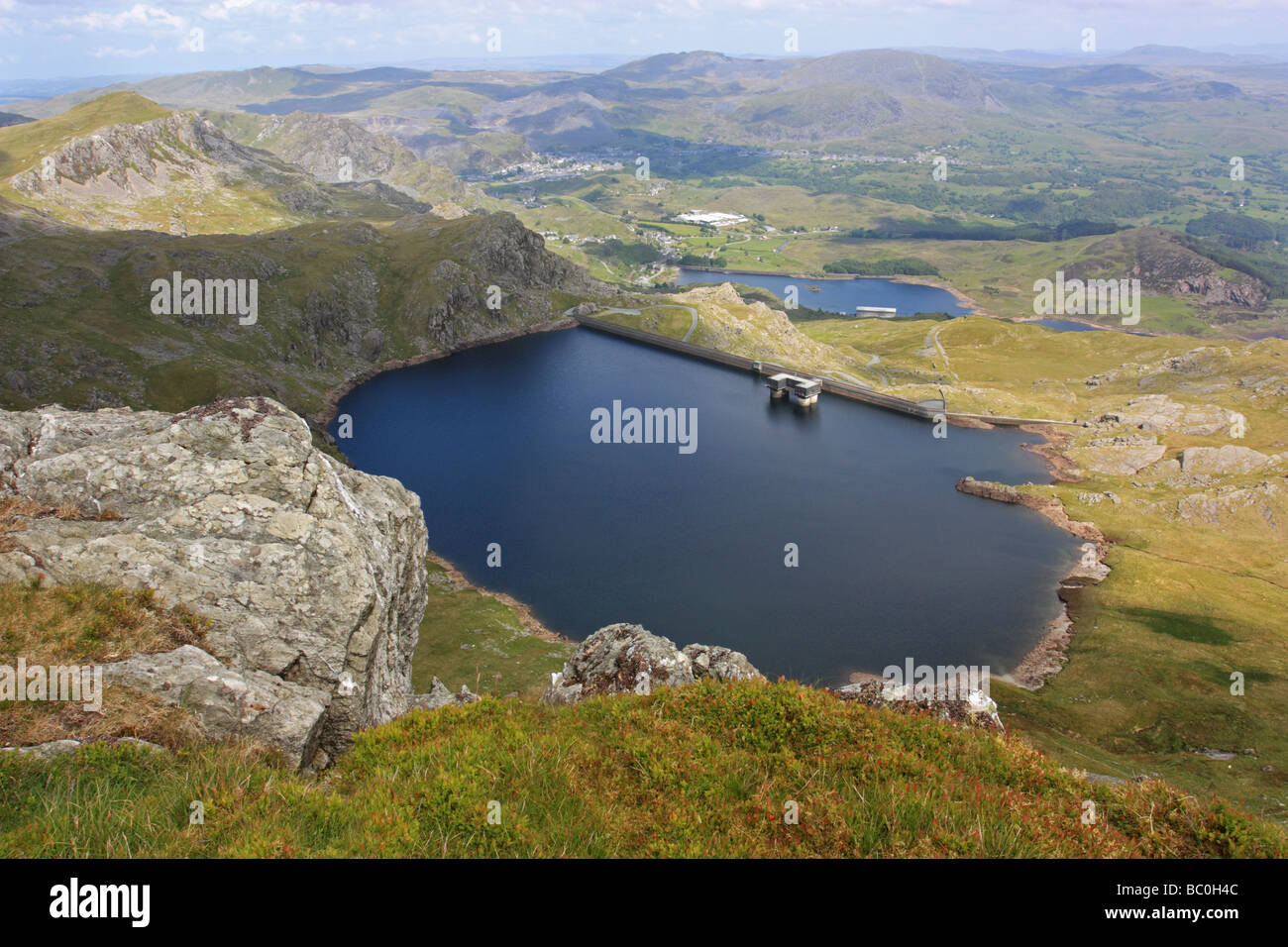 Llyn Stwlan, the upper reservoir for the Ffestiniog Pumped Storage Scheme hydroelectric power generation plant. Stock Photo