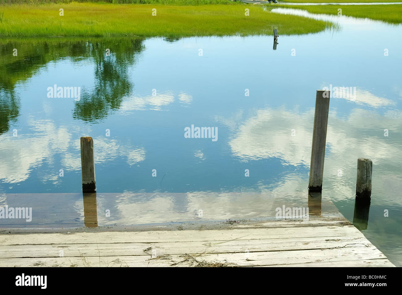 An old wooden dock in a salt marsh in Connecticut with cumulus clouds reflected in the blue water with smooth cordgrass Stock Photo