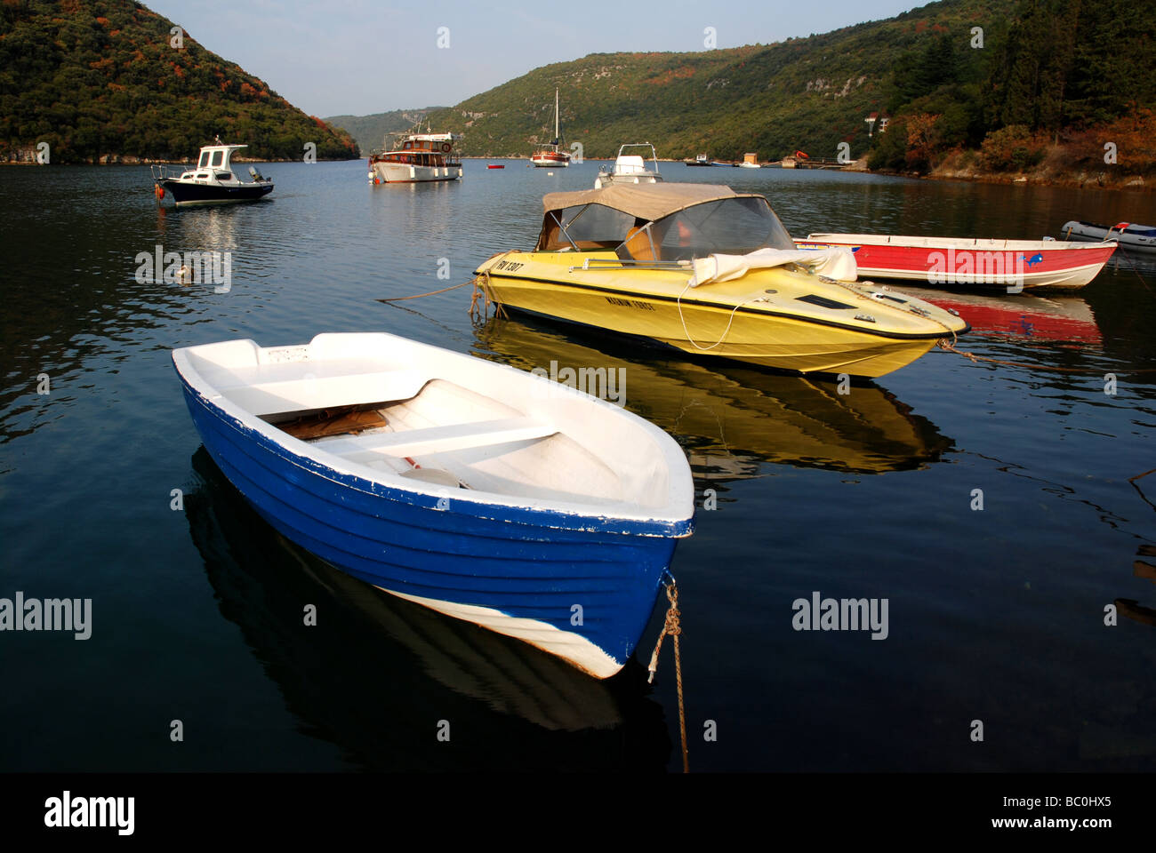 Boats moored in Limski canal Istria Croatia Stock Photo