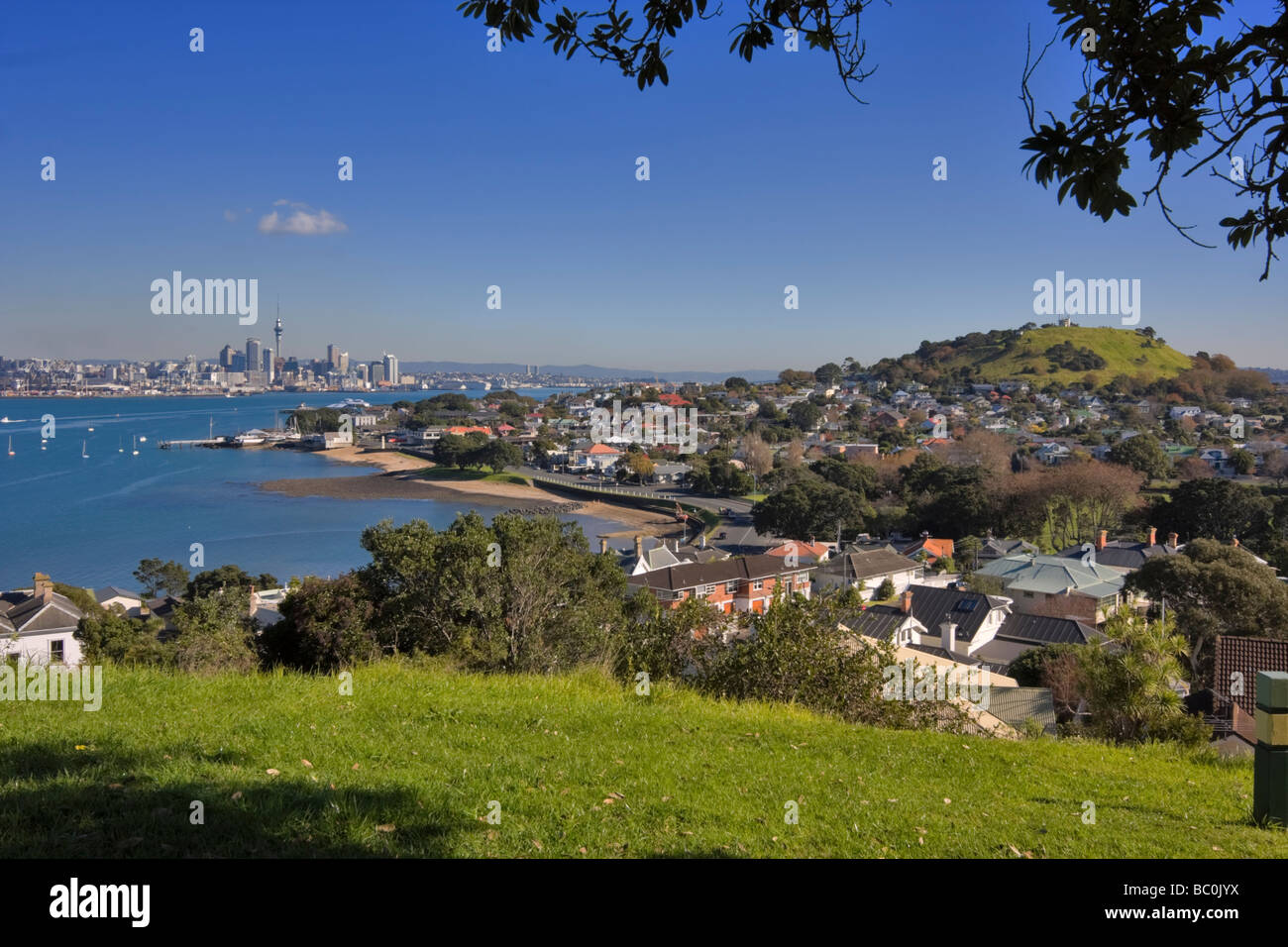 Devonport, Mount Victoria, and Auckland City Skyline from North Head Historic Reserve Stock Photo