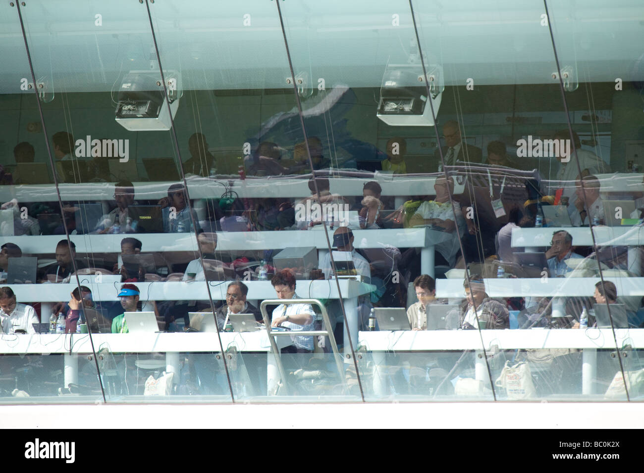 Journalists work in the media centre during the ICC WorldICC World Twenty20 Final between Pakistan and Sri Lanka at Lord's. Stock Photo